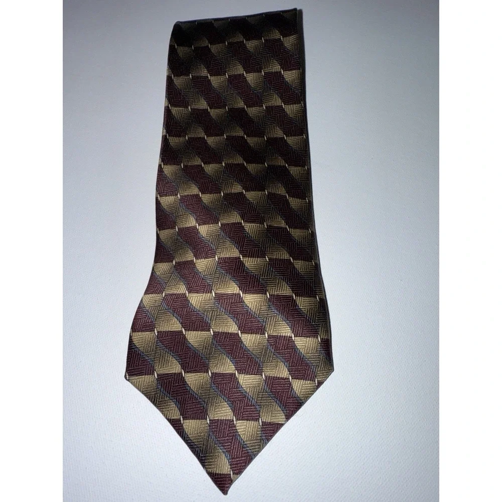 Louis Roth Men's Silk Tie Geometric Burgundy Gold Brown‎ Vintage Handmade Korea